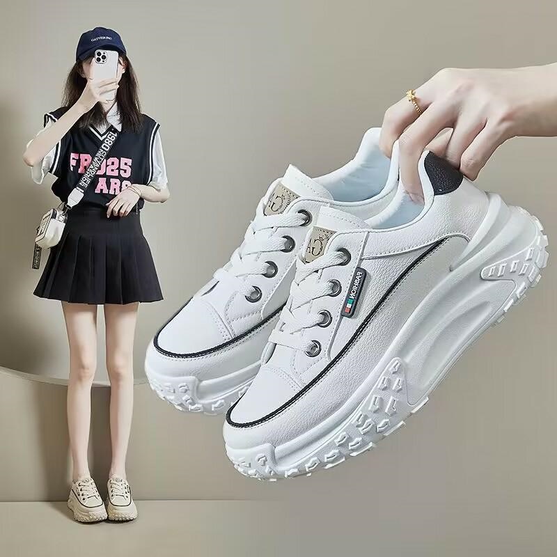 Giày Thể Thao Đế Dày Tăng Chiều Cao Bằng Da Màu Trắng Thời Trang Xuân Thu Cho Nữ