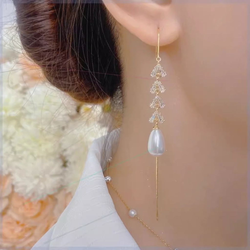 Mới Bông Tai Dáng Dài Đính Hạt Hình Giọt Nước Màu Trắng Thời Trang Sang Trọng