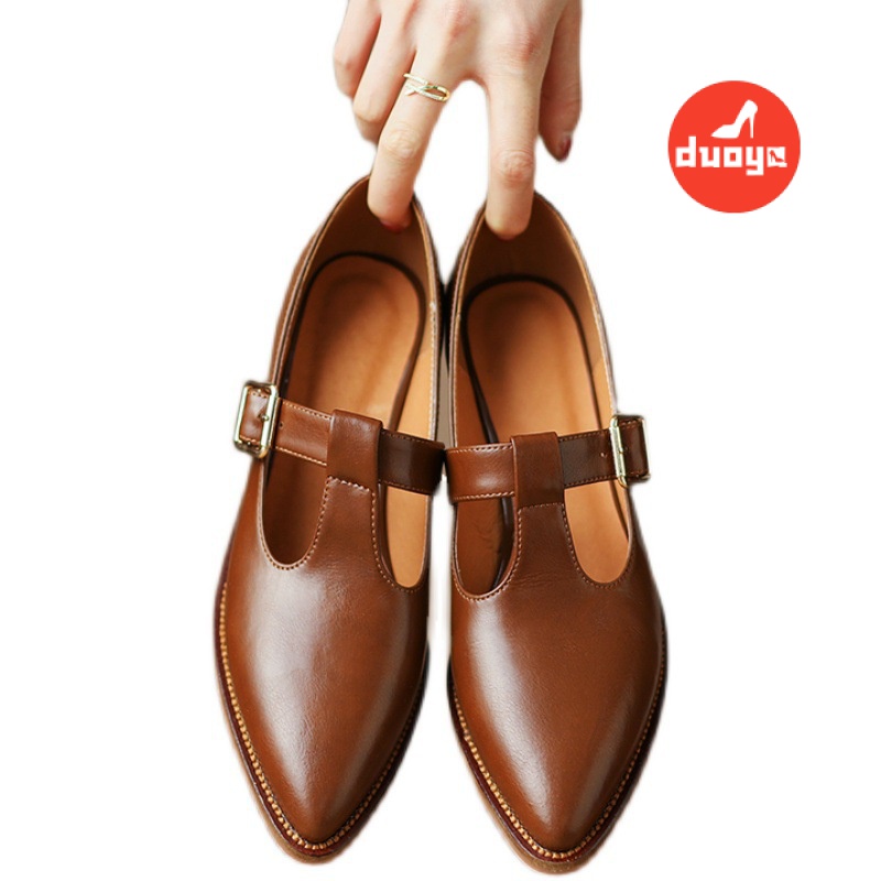 Nhà máy duoya tóc thẳng ~  thắt lưng khóa mũi nhọn giày mùa xuân hè da mềm anh giày da nhỏ gót dày gót giữa giày mary miễn phí vận chuyển
