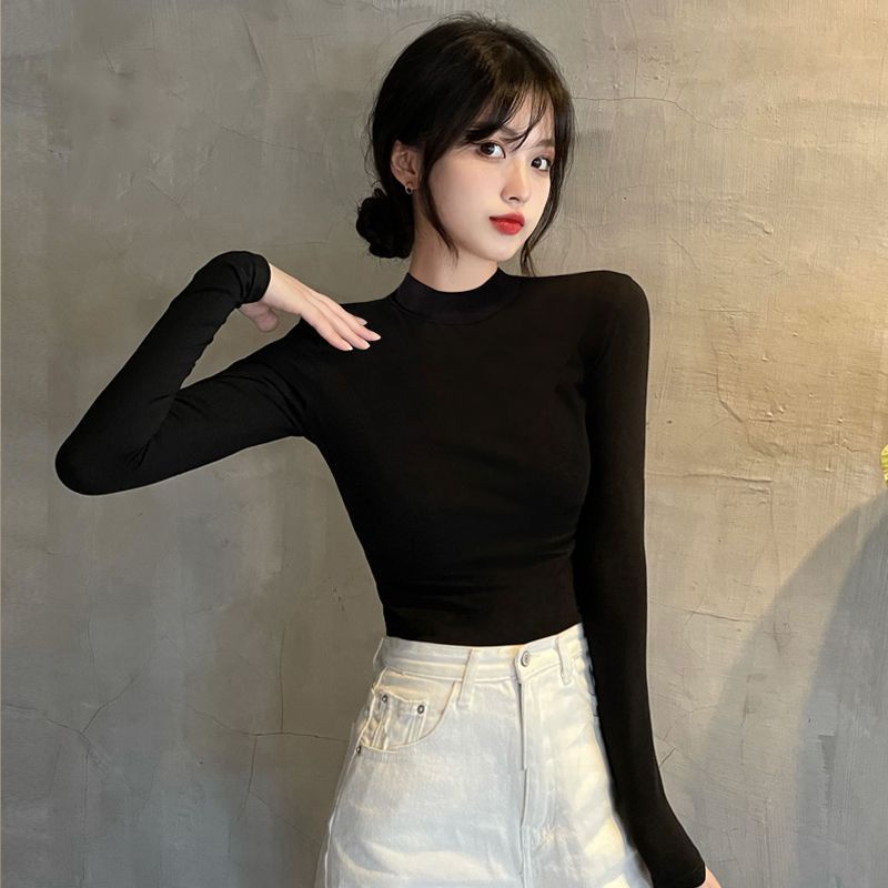 Áo Thun Tay Dài Cổ Cao Dáng Ôm Thời Trang Xuân Thu Cho Nữ
