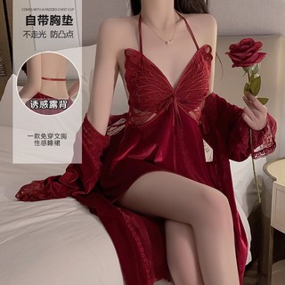 Guiruo đầm ngủ nhung hai dây có mút đệm ngực hở lưng thời trang thu đông 4053