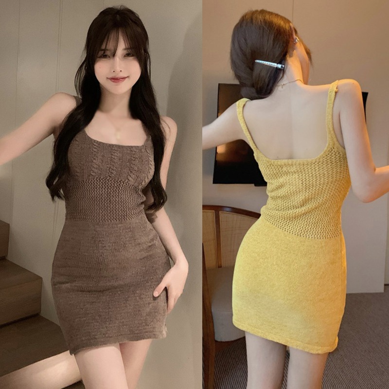 Đầm Ôm Dệt Kim Cổ Vuông Không Tay Màu Sắc Đơn Giản Cho Nữ