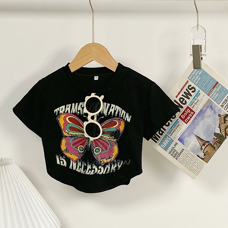 Áo Thun Tay Ngắn Dáng Ôm In Họa Tiết Bươm Bướm Thời Trang Mùa Hè Xinh Xắn Cho Bé Gái