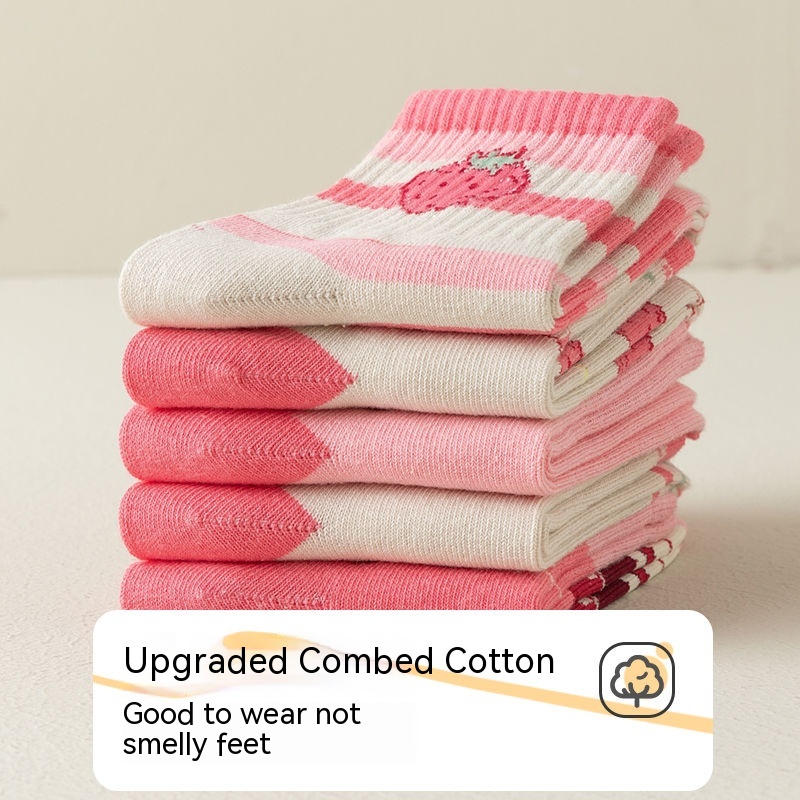 Vớ cotton Cổ Cao Thoáng Khí Thấm Hút Mồ Hôi In Họa Tiết Dâu Tây Hoạt Hình Phong Cách Hàn Quốc Dễ Thương Thời Trang Thu Đông Cho Bé Gái