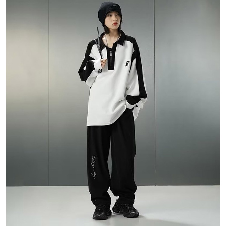 Áo sweater polo Dáng Rộng Màu Tương Phản Phong Cách Đường Phố Mỹ Thời Trang Cho Nam