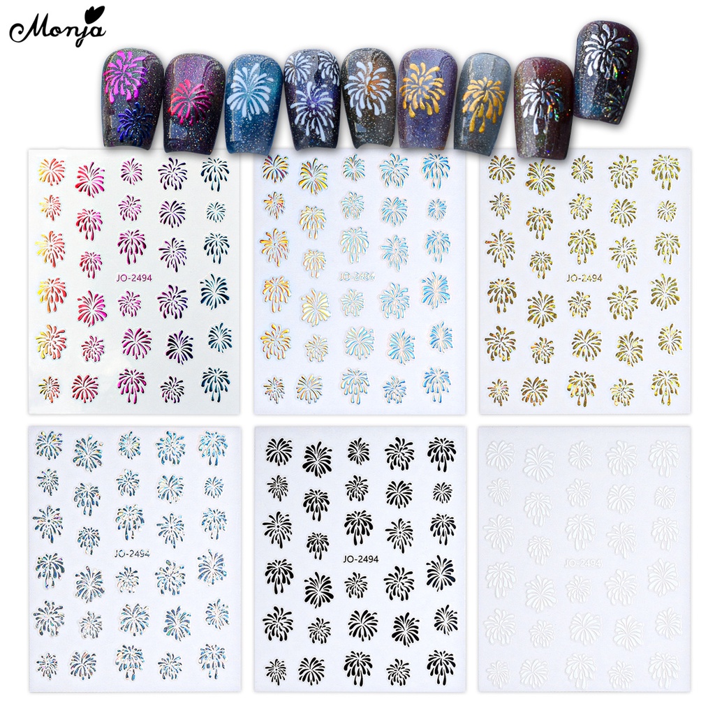 Monja Nhãn Dán Móng Tay Dạng Trượt Tự Dính Họa Tiết Pháo Hoa Màu Vàng / Bạc 6 Màu Sắc