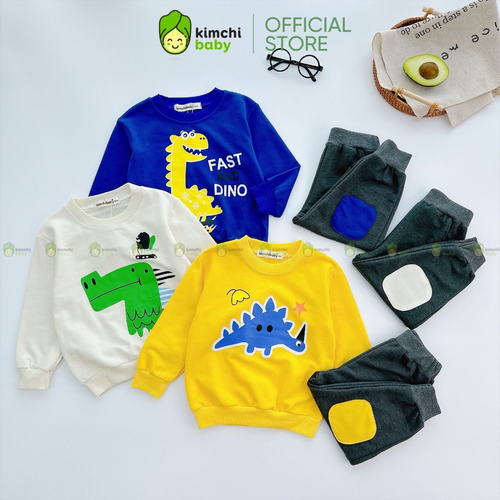 Đồ Bộ Dài Tay Cho Bé Trai KIMCHIBABY Vải Nỉ Da Cá Hoạ Tiết Khủng Long Đắp Gối, Bộ Nỉ Cho Bé Mặc Thu Đông KCTD317