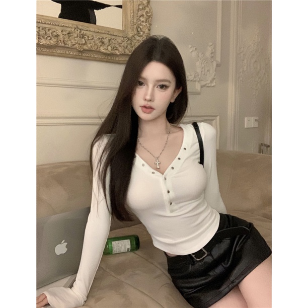 Zhainvchaoyi Áo Thun Tay Dài Cổ Chữ v Thời Trang Mùa Thu