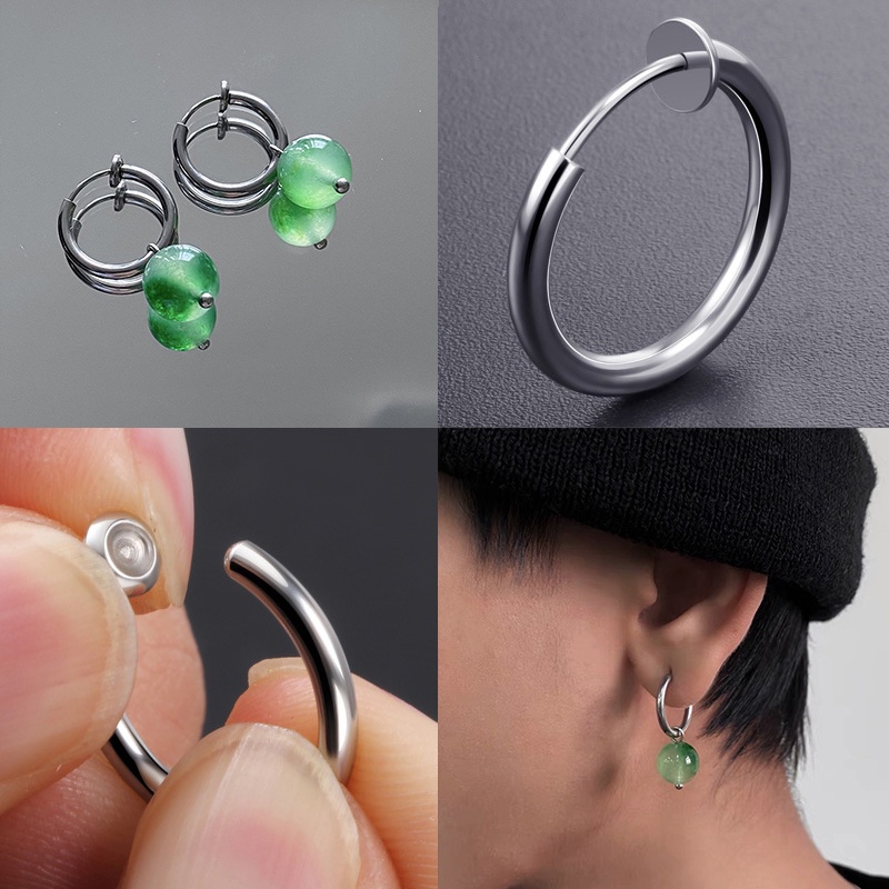 1 Khuyên Kẹp Vành Tai Thép Titan Đính Đá Xanh Lá Phong Cách hip hop Thời Trang Mới Không Cần Xỏ Lỗ