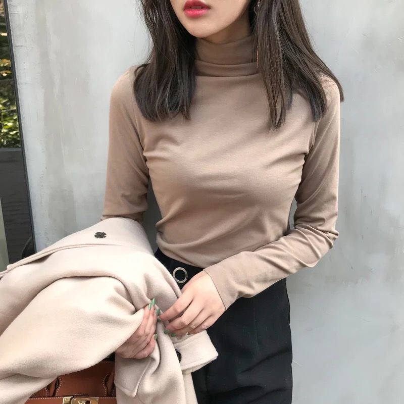 Áo Thun Tay Dài Cổ Cao Dáng Ôm Thời Trang Xuân Thu Cho Nữ