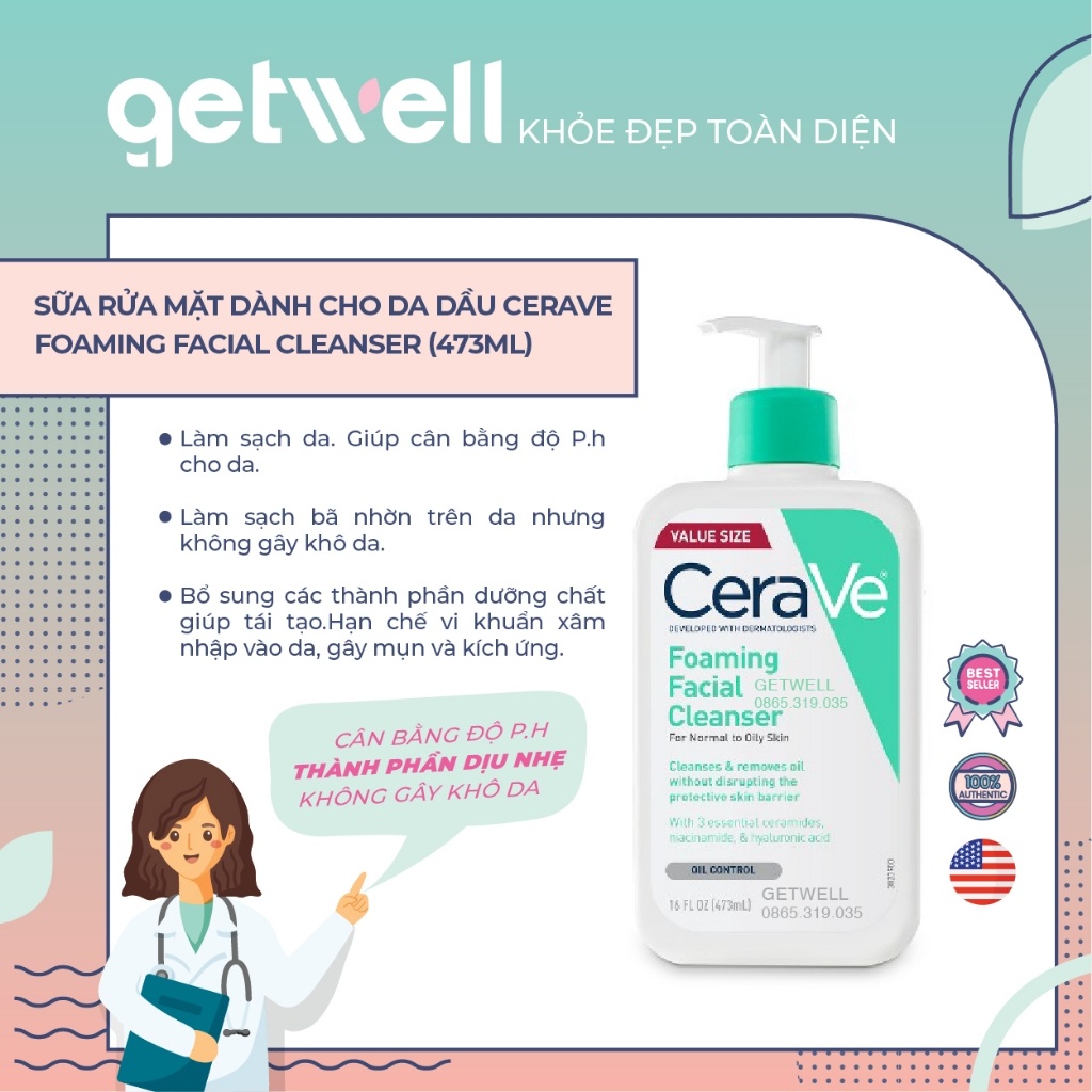 Sữa rửa mặt giúp làm sạch sâu dành cho da dầu CeraVe Foaming Cleanser 236ML