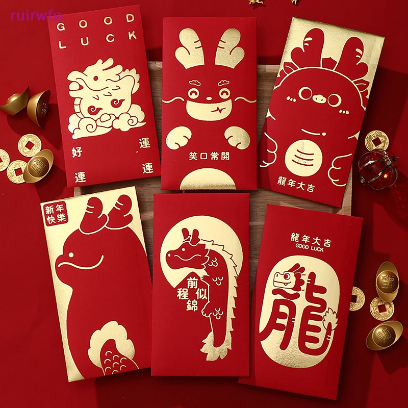 Set 6 Bao Lì Xì Đỏ Hình Rồng Dễ Thương Cho Năm Mới 2024