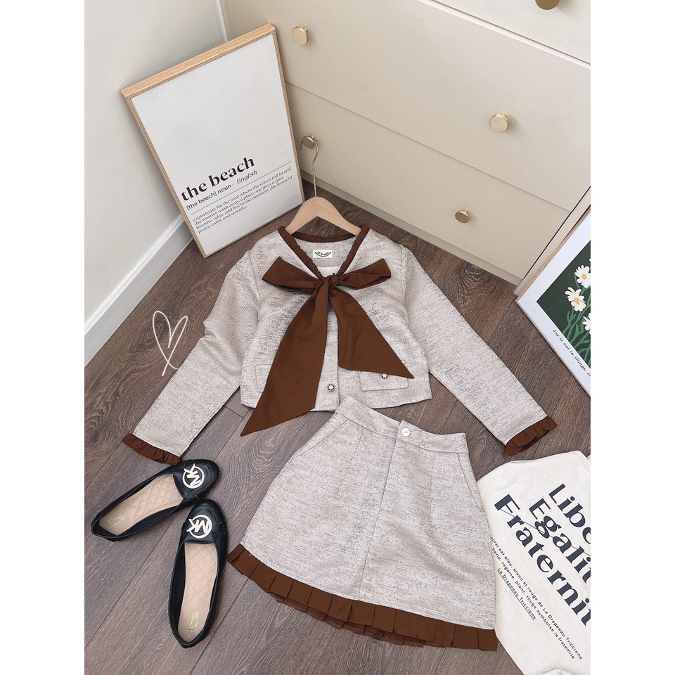 Set gấm phối nâu áo cột nơ +chân váy