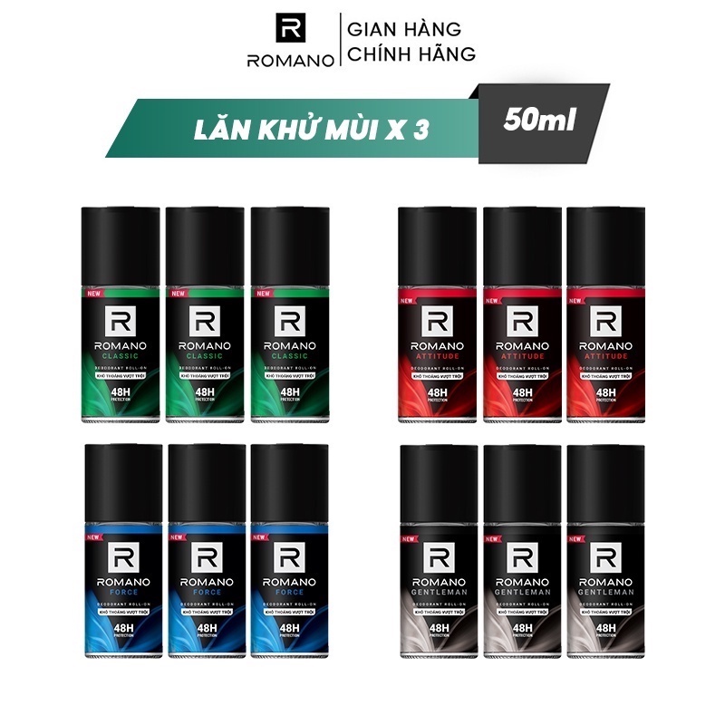 Combo 3 Lăn khử mùi nam kháng khuẩn & khô thoáng cả ngày Romano 50ml/chai - 4 mùi hương có sẵn