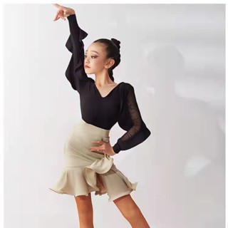 [Wdf] Trang phục khiêu vũ Latin cho bé gái, Trang phục khiêu vũ cho bé gái, Bộ quần áo và váy ren dài tay, Trang phục xù xì