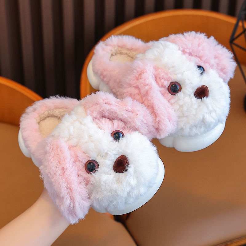 Dép Bông cotton Lót Lông Cừu Đế Dày Giữ Ấm Họa Tiết Chú Cún Dễ Thương Thời Trang 2023 Cho Bé Trai Và Bé Gái