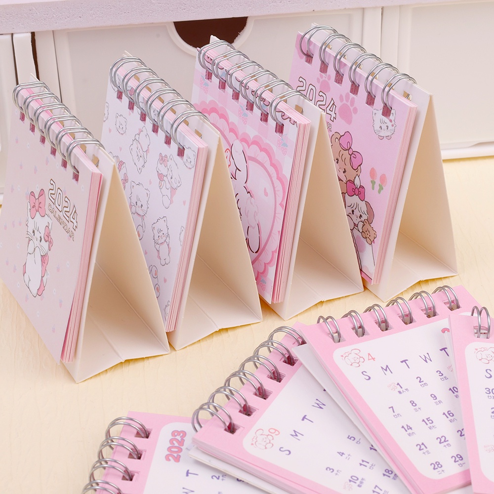 Lịch Để Bàn mini 2024 Dạng Gập Di Động Hình Mèo Hoạt Hình Màu Hồng / Lịch Để Bàn Trang Trí Dễ Thương