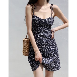 Đầm  dây rút cổ chữ V in hoa màu xanh navy phong cách retro dành cho nữ