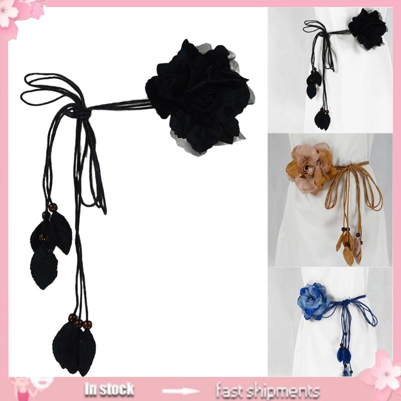 Self-Tie Waist Belt for Women Bohemian Seaside Braided Dress Belt with Flower