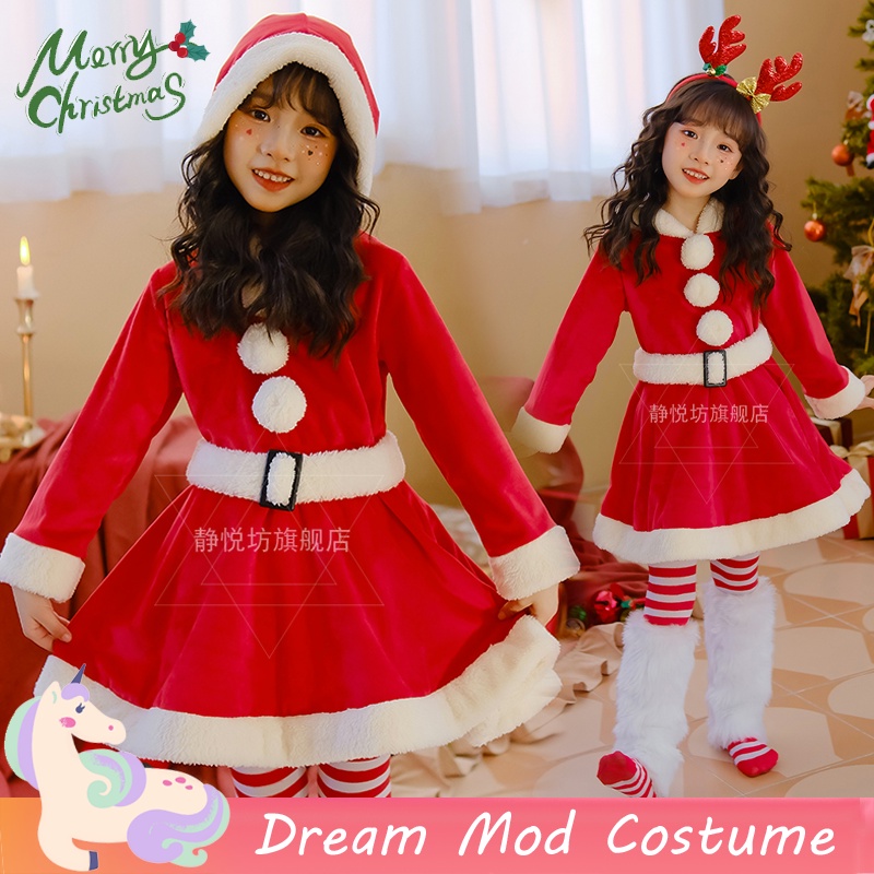Đầm Công Chúa Tay Dài Phồng Màu Đỏ In Họa Tiết Ông Già Noel Dễ Thương Thời Trang Mùa Đông Cho Bé Gái