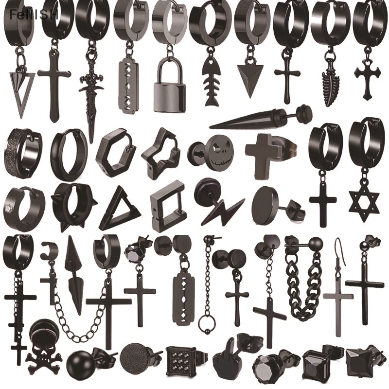 Khuyên Tai Dạng Vòng Nhiều Hình Dạng Bằng Thép Không Gỉ Màu Đen Phong Cách gothic punk Thời Trang Cho Nam Và Nữ 439br