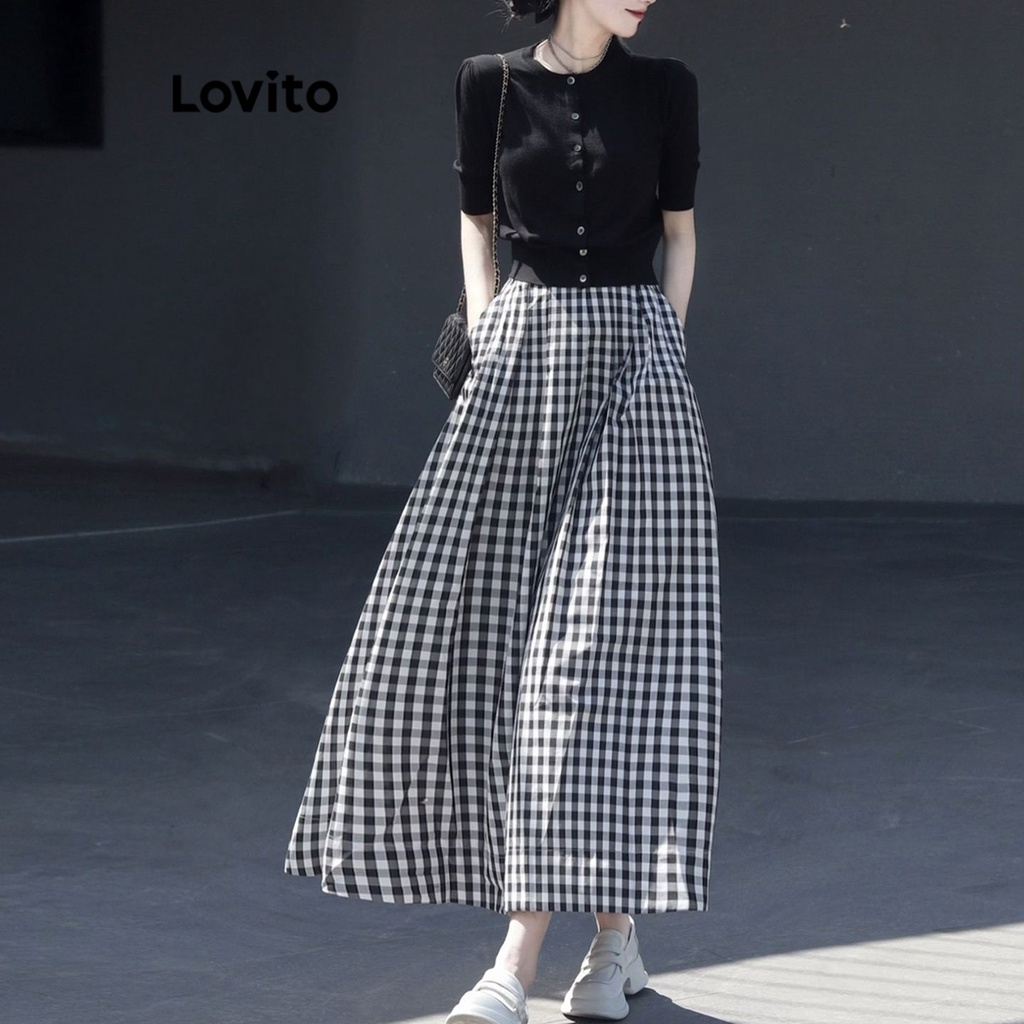 Chân váy Lovito phối túi kẻ sọc caro thanh lịch cho nữ LNA27104 (Màu đen và trắng)