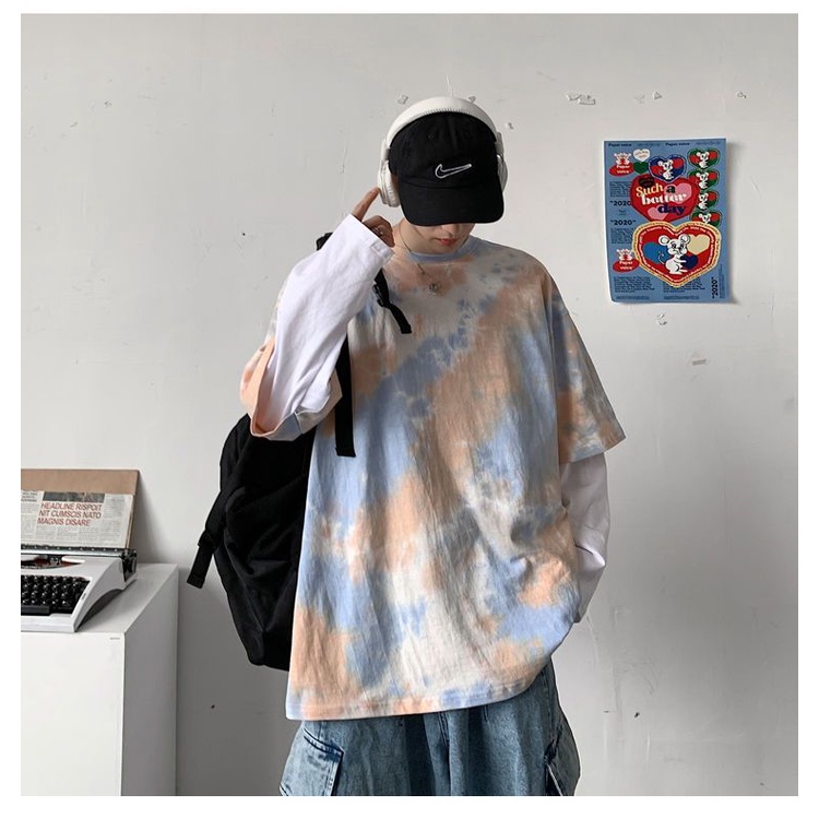 Áo Thun Cổ Tròn Nhuộm Màu Phong Cách hip hop Hàn Quốc Cá Tính Cho Nam