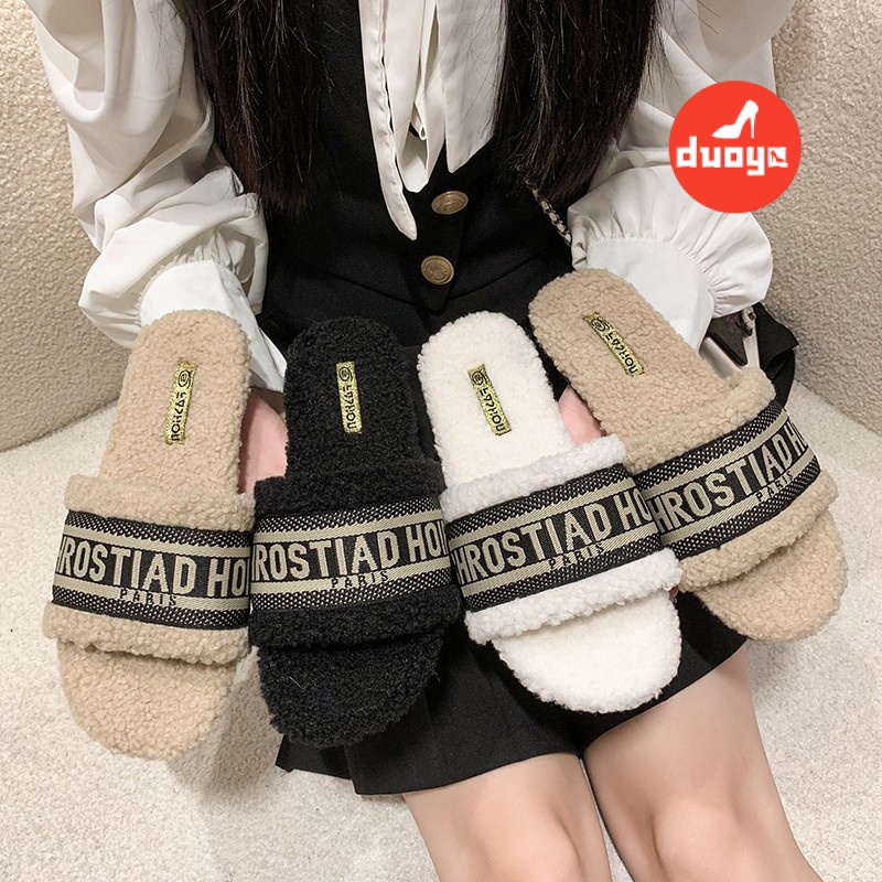 Duooya Dép Bông Thẳng ~  Dép Bít Mũi Thêu Chữ Phong Cách Hàn Quốc Thời Trang Thu Đông Ấm Áp Cho Nữ Miễn Phí Vận Chuyển