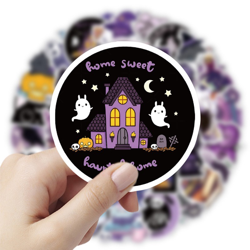 Z & m ❀ Hình Dán Mèo Ma Thuật Màu Tím ❀ Bộ 50 Miếng Dán Chống Thấm Nước Độc Đáo