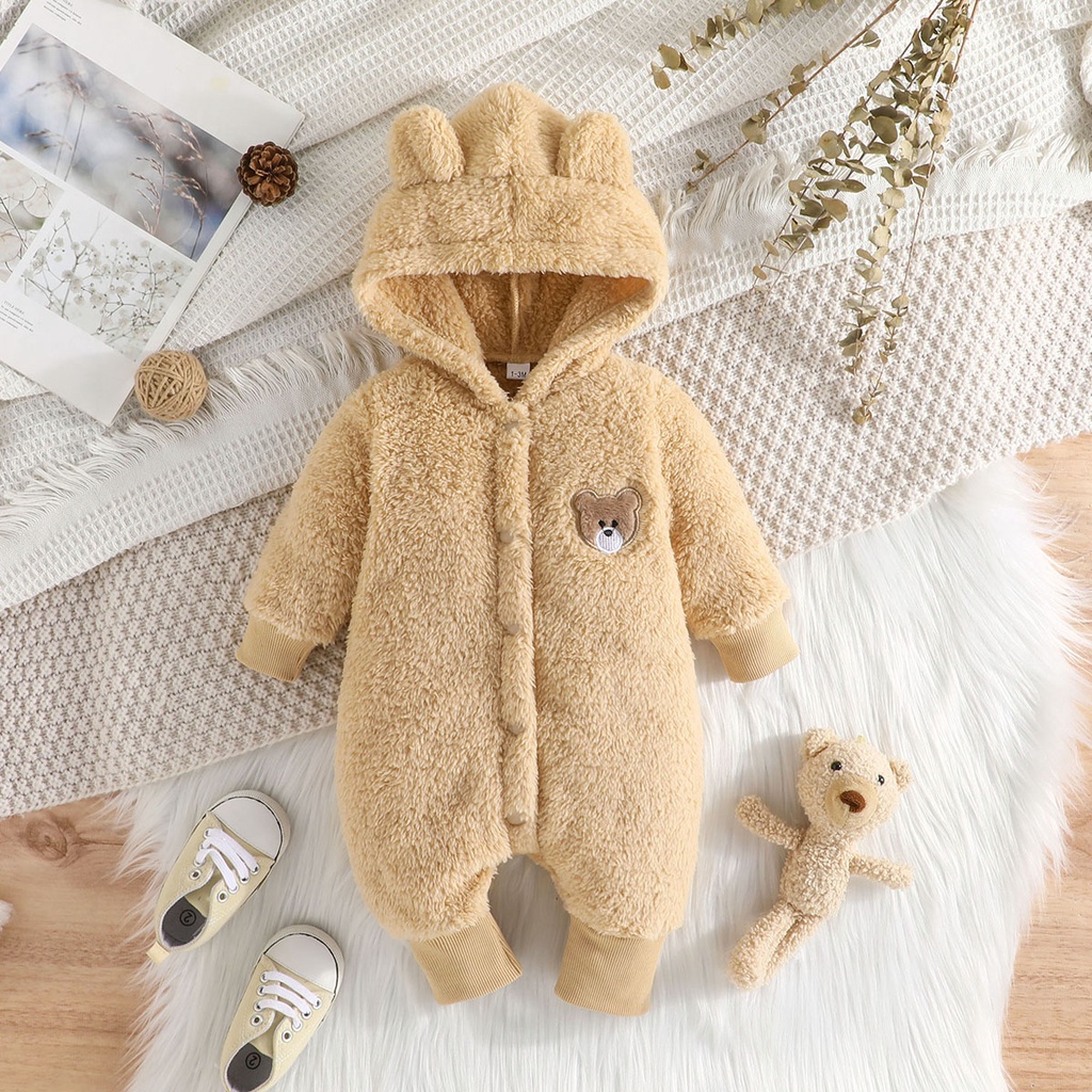 Body bé gái bé trai đồ sơ sinh từ 1 đến 18 tháng Áo Hoodie bodysuit liền thân In Họa Tiết đôi tai Gấu Hoạt Hình Giữ Ấm Mùa Đông Dễ Thương Dành dài tay quần áo cho bé trẻ em