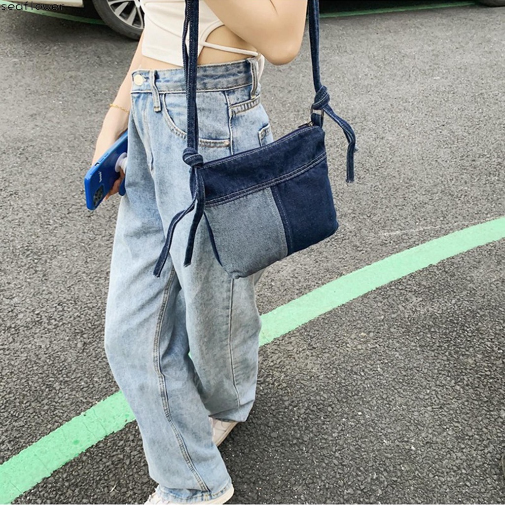 Túi Đeo Chéo Vải denim Mềm Màu Xanh Dương Có Dây Đeo Thời Trang Cho Nữ