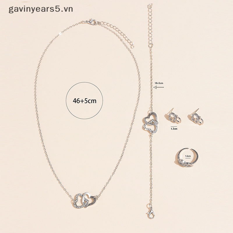 Set 5 Khuyên Tai / Nhẫn / Vòng cổ Hình Trái Tim Đôi Đính Đá Pha Lê Thanh Lịch Cho Nữ