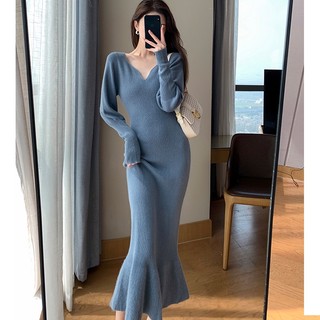Đầm Đuôi Cá Dệt Kim Tay Dài Cổ Chữ v Màu Xanh Dương Thời Trang Thu Đông Cho Nữ