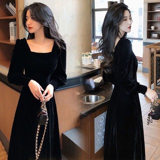 Đầm Nhung Mỏng Tay Dài Cổ Vuông Phong Cách Hàn Quốc Cho Nữ