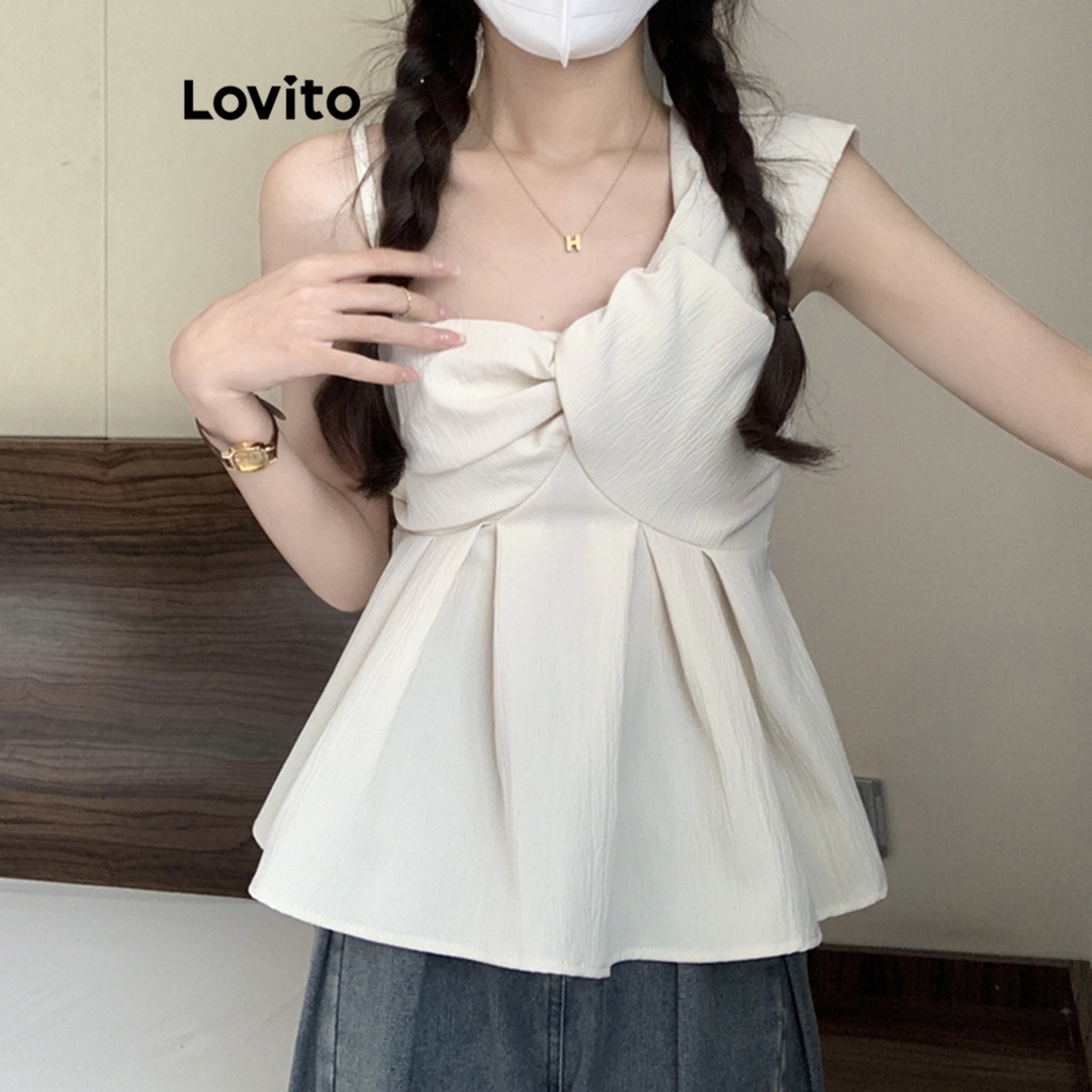 Áo croptop Lovito thắt nút bất đối xứng màu trơn thường ngày cho nữ LNE16076 (màu trắng)