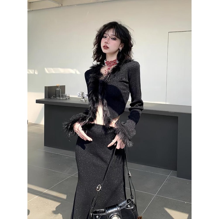 Set Áo cardigan Ngắn Cổ Chữ v Lông Xù + Chân Váy Đuôi Cá Ôm Dáng Thời Trang Cho Nữ