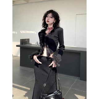 【FXDAZI】Đầm Dài] Set Áo cardigan Ngắn Cổ Chữ v Lông Xù + Chân Váy Đuôi Cá Ôm Dáng Thời Trang Cho Nữ