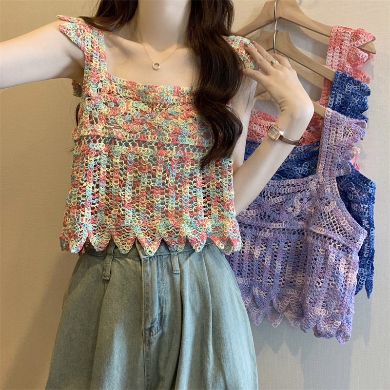 Áo 2 dây nữ mùa hè, áo 2s cánh tiên sợi móc sắc màu đi biển 2023