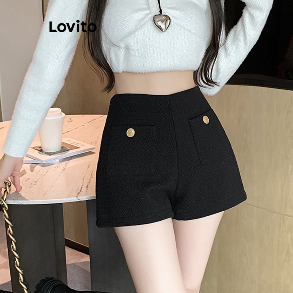 [Mã FADEP2212 giảm 10k đơn từ 99k] Lovito Quần Short Cài Cúc Trơn Thanh Lịch Cho Nữ LNE34054 (Mơ/Đen)