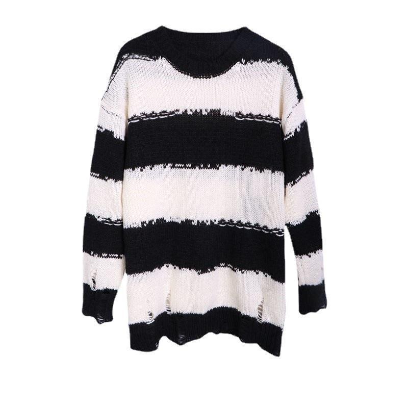 Đen Áo sweater Dáng Rộng Họa Tiết Kẻ Sọc Trắng Đen Thời Trang Mùa Thu Cho Nữ