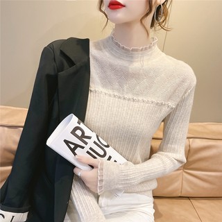 Áo sweater Cổ Lọ Dài Tay Phối Ren Thời Trang Thu Đông Cho Nữ