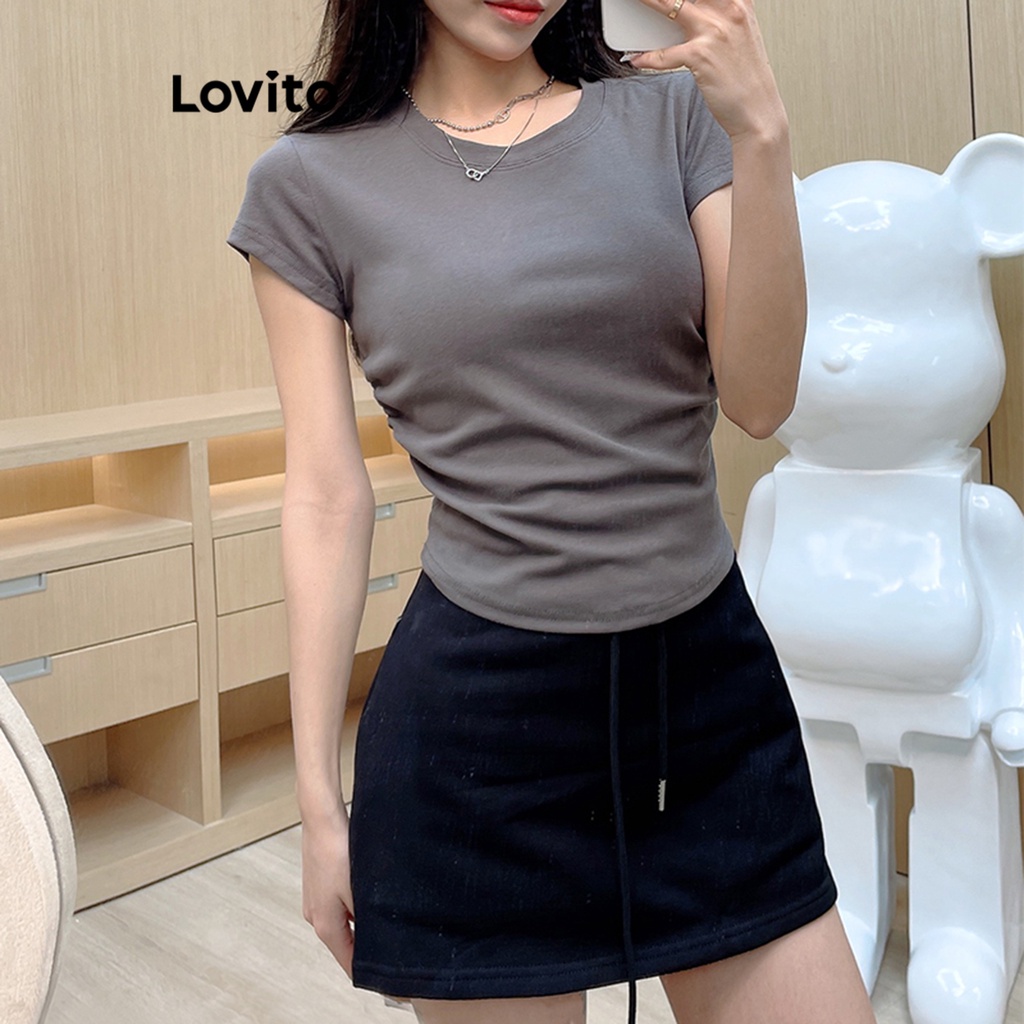 Lovito Áo thun xếp nếp trơn đơn giản cho nữ LNE35228