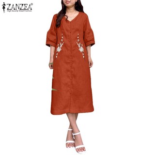 Zanzea Đầm Tay Phồng Cổ Chữ v In Họa Tiết Thời Trang Hàn Quốc Dành Cho Nữ