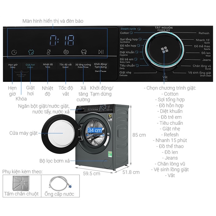 Máy Giặt Aqua Inverter 9 Kg AQD-A902J.BK 2023 - VIỆT NAM