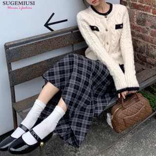 Sugemiusi Chân Váy Len Dáng Chữ a Lưng Cao Họa Tiết Kẻ Sọc Phong Cách retro Thời Trang Thu Đông 2023
