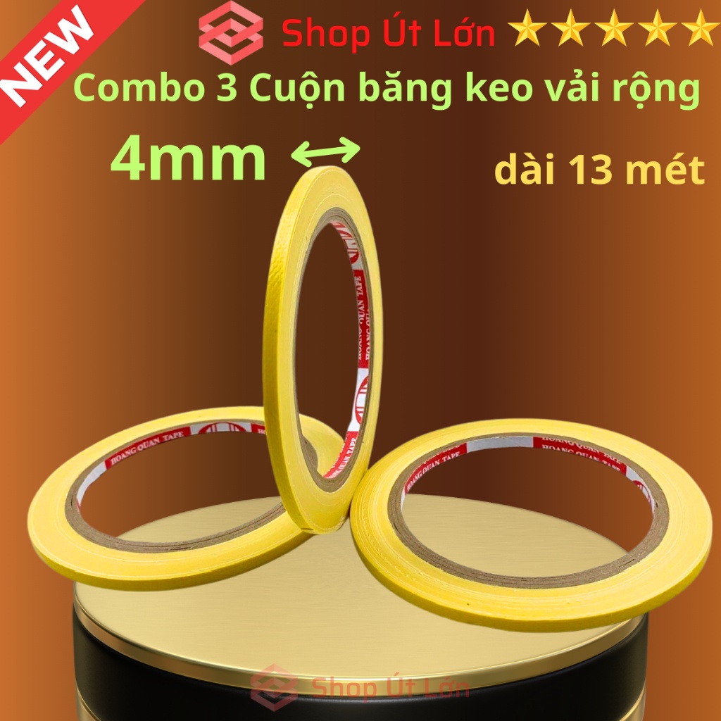 Combo 3 Cuộn băng keo vải màu vàng, rộng 4mm, dài 13 mét, lõi giấy 3mm