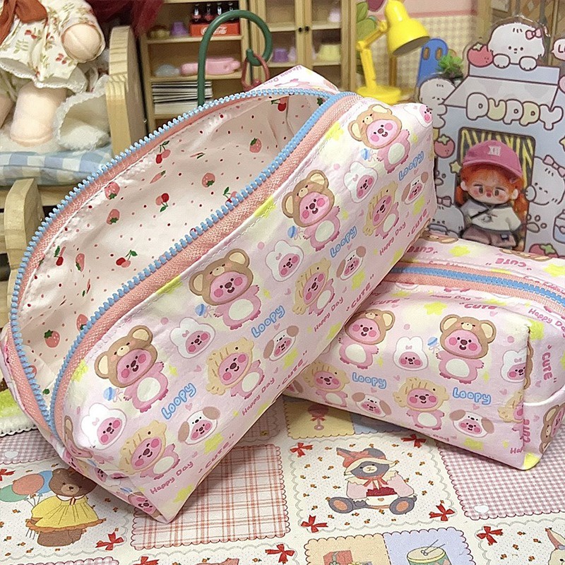 Túi Đựng Bút Đa Năng Sức Chứa Lớn In Họa Tiết Hoạt Hình Màu Hồng Dễ Thương Cho Học Sinh