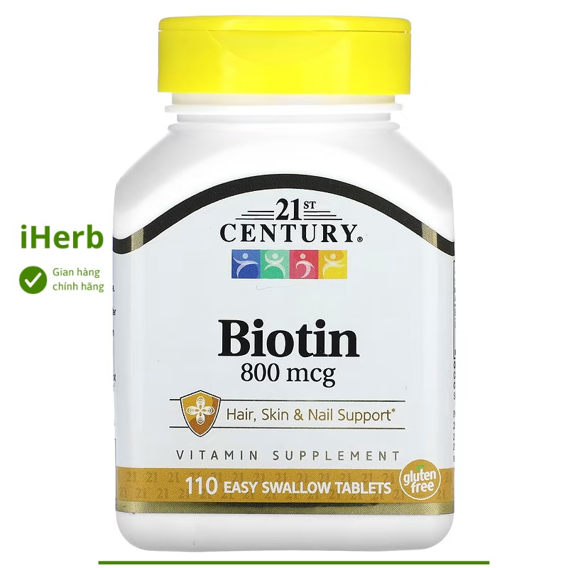 Viên uống hỗ trợ tóc và móng Biotin 800 mcg 21st Century (110 viên) - iHerb Việt Nam