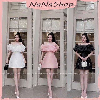 Đầm tiểu thư cao cấp trễ vai bèo nhún chiết eo đính cườm thiết kế sang trọng chất tapta đứng form