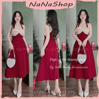 Đầm cổ yếm chất nhung mềm mịn cup ngực phối voan ngực, Đầm maxi nữ cột dây cổ hai màu đỏ đen có mút